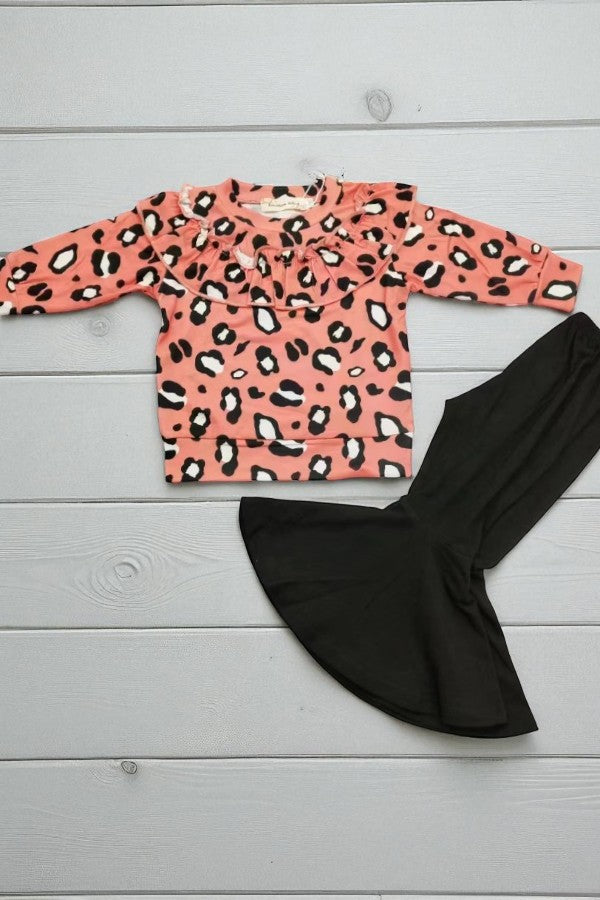 Kids Pink leopdard ruffle long sleeve top pant set X0015-28