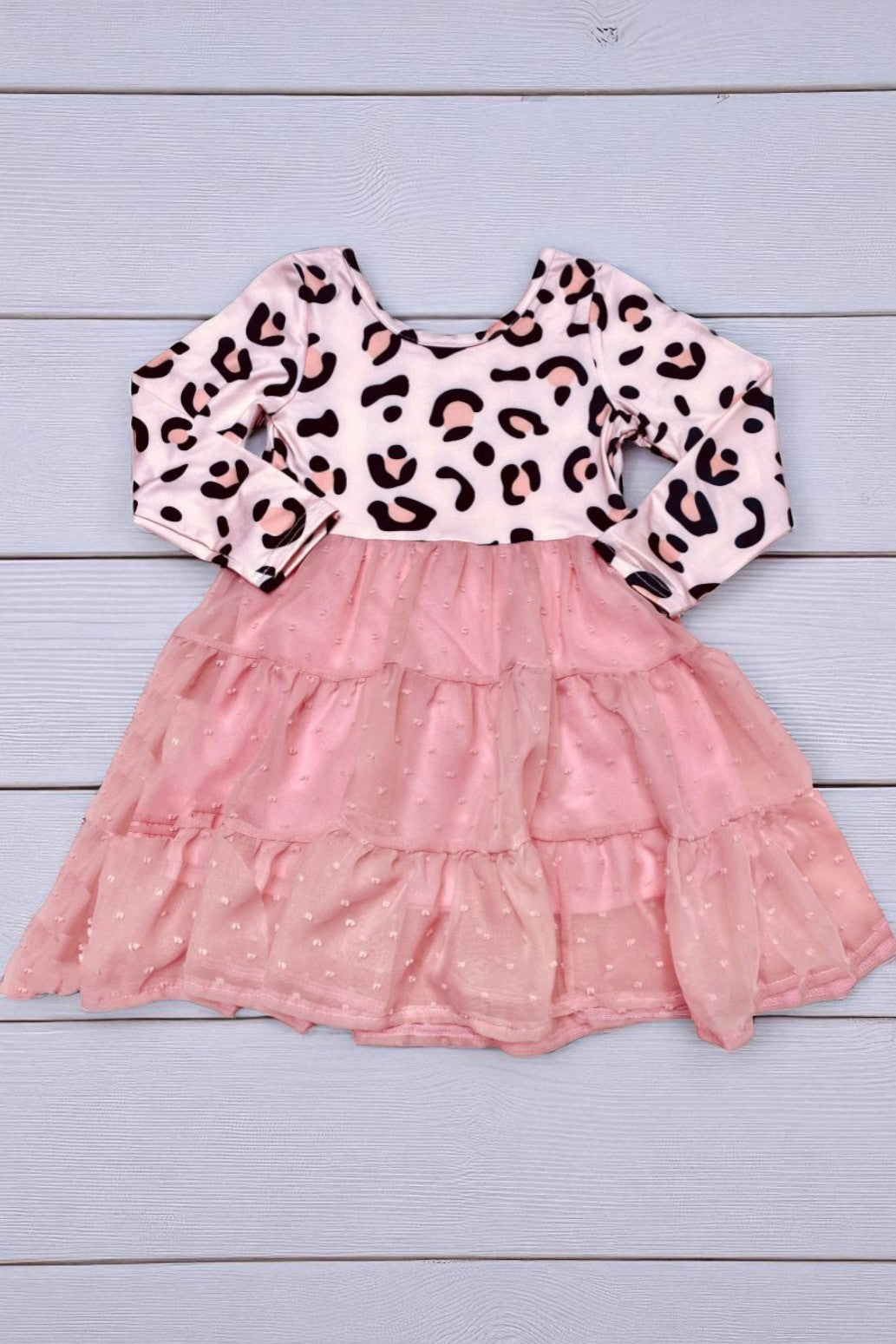 Pink leopard prints and chiffon long sleeve girls dress D2658