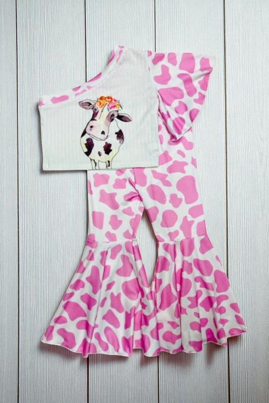 D2444 White one shoulder cow top pink bell bottom 2pc girls sets