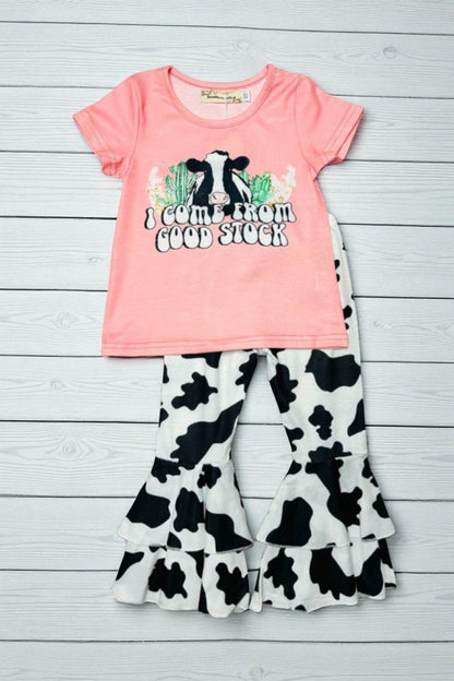 "I COME FROM GOOD STOCK" pink top & cow pant 2pc girls sets X0666-22