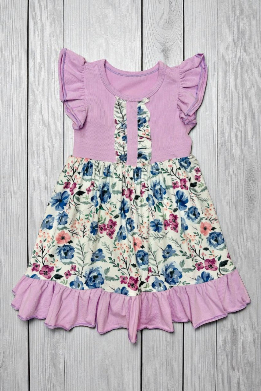 Light purple & floral printed color block ruffle swirl girls dress D1215-18