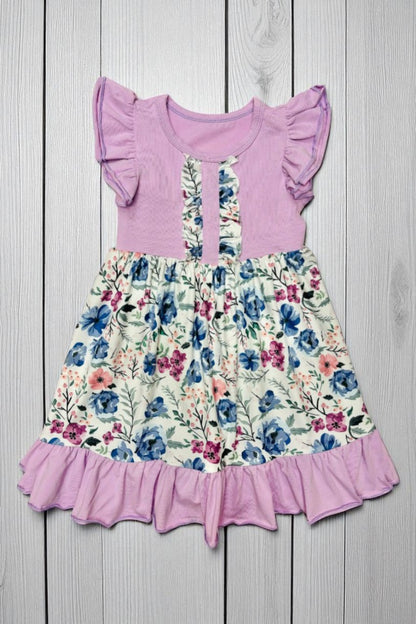 Light purple & floral printed color block ruffle swirl girls dress D1215-18