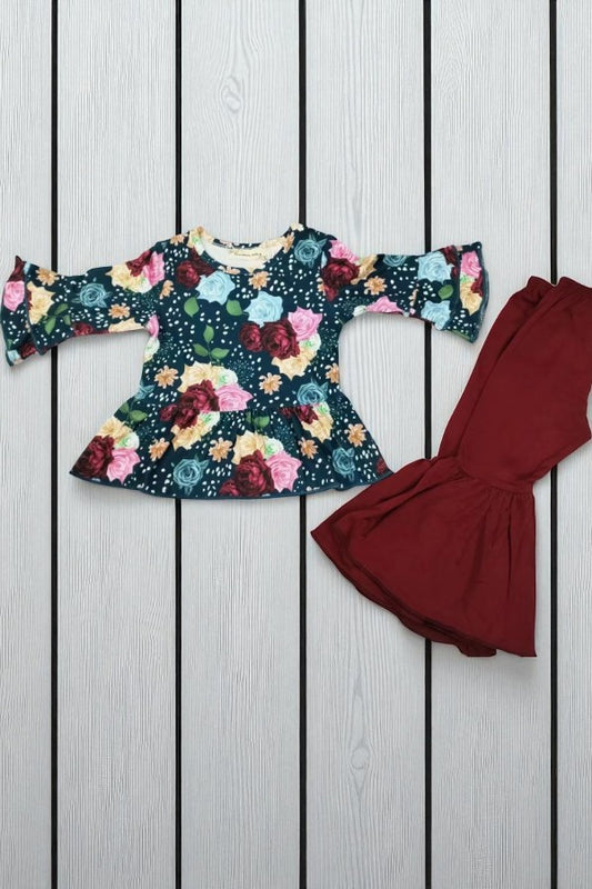 Floral long sleeve top burgundy bell bottom girls sets X0013-14