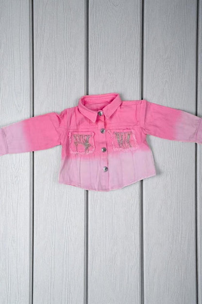 Pink wahsed denim cost with rhinestone fringe long sleeve girls coat D2623