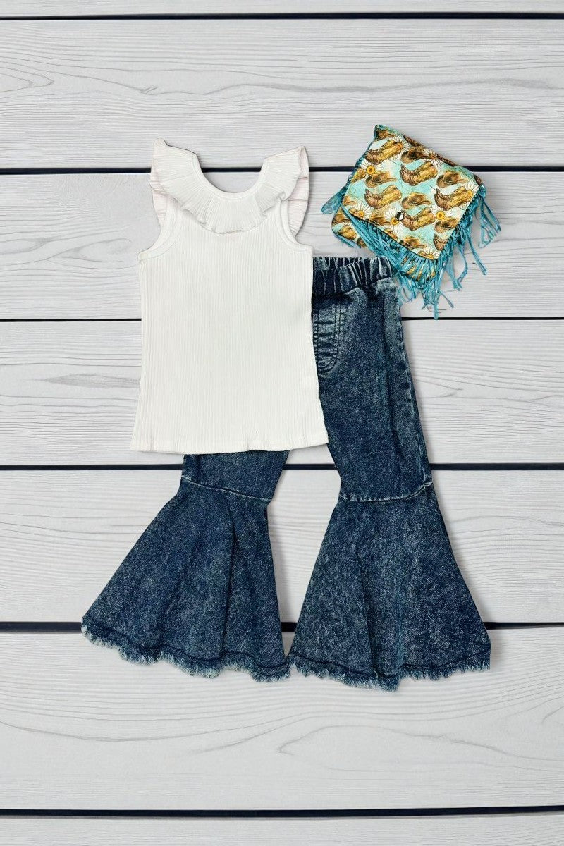 Blue distressed blue denim fabric girls jeans 206035M