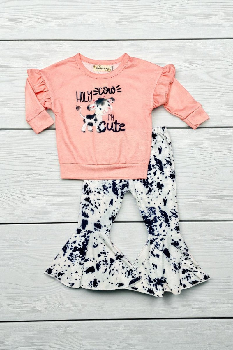 "HOLY COW I'M CUTE" pink cow 2pc sweatshirt girls set X0015-18