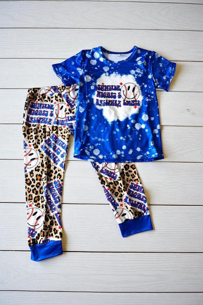 Children pajamas clothes Blue baseball & leopard printed girl set 11898MZ