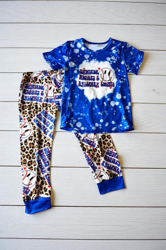 Children pajamas clothes Blue baseball & leopard printed girl set 11898MZ