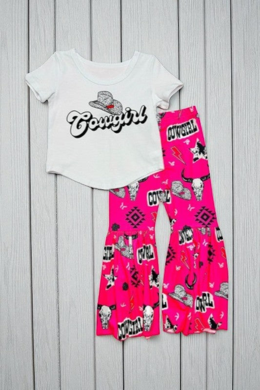 "COWGIRL" top & hot pink western print 2pc girls set D2520