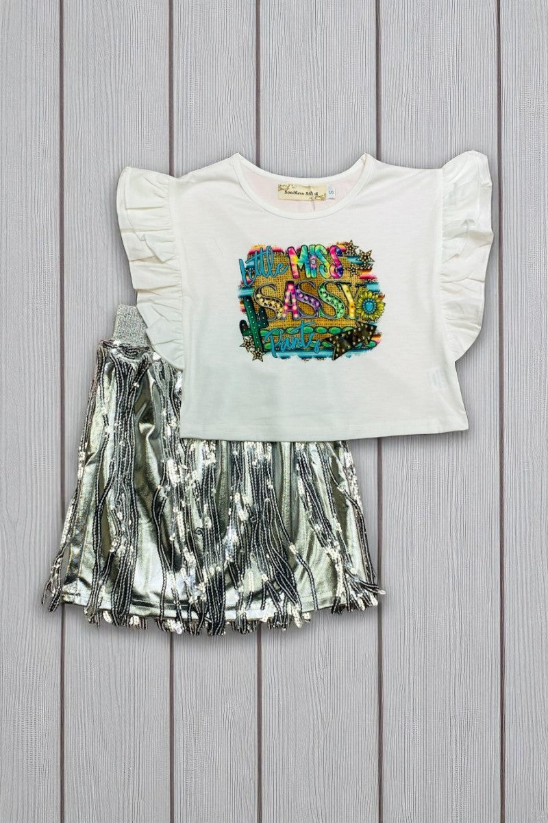 Little MISS SASSY PARTY top silver fringe skirt 2pc girls sets X0333-16