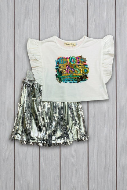 Little MISS SASSY PARTY top silver fringe skirt 2pc girls sets X0333-16