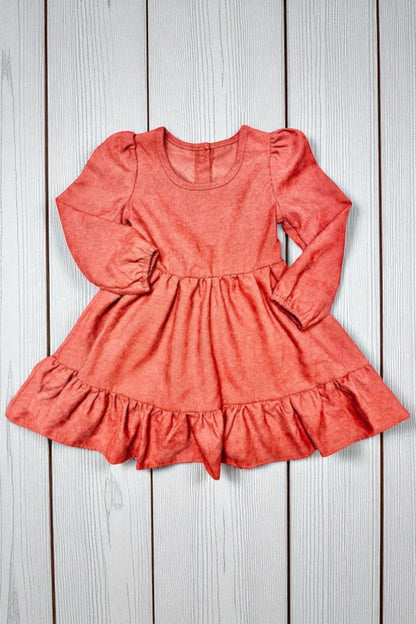 Long sleeve coral color corduroy girls swirl dress D2642