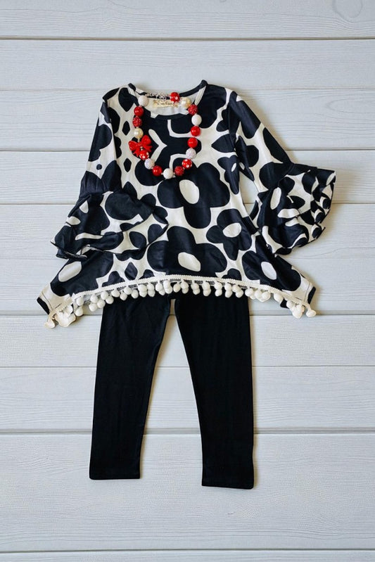 High low floral prints top black legging girls clothing sets w/white pompms X0024-9