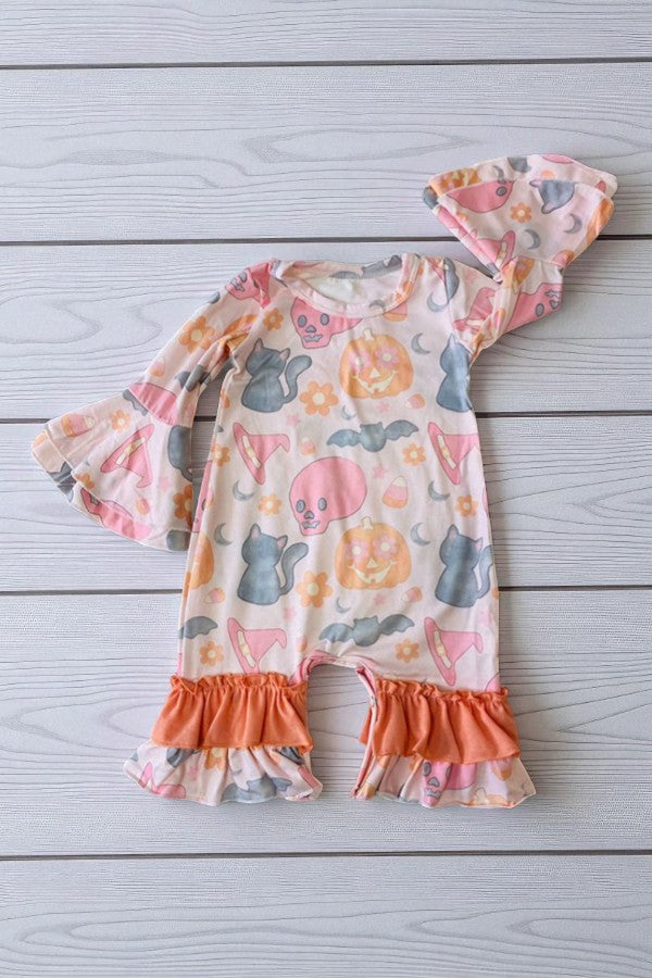 Halloween prints ruffle long sleeve infant baby girls rompers D2564