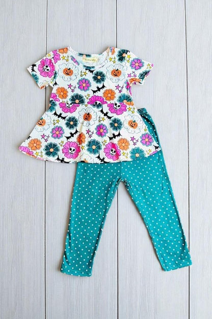 Hunter green w/polka dots & pumpkins 2pc set X0010-19