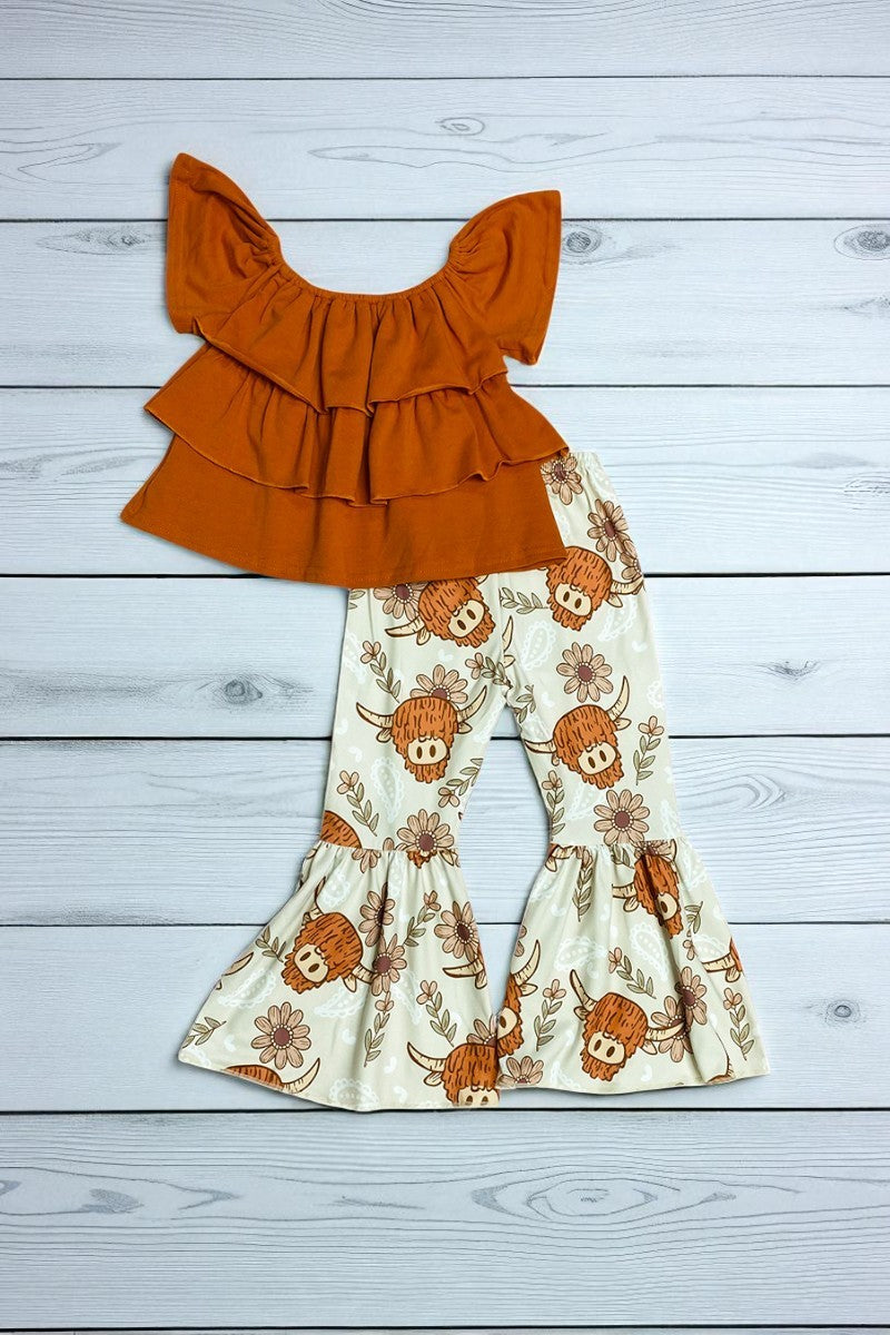 1111WY Brown off shoulder top cow printed bell bottom 2pc western girls sets