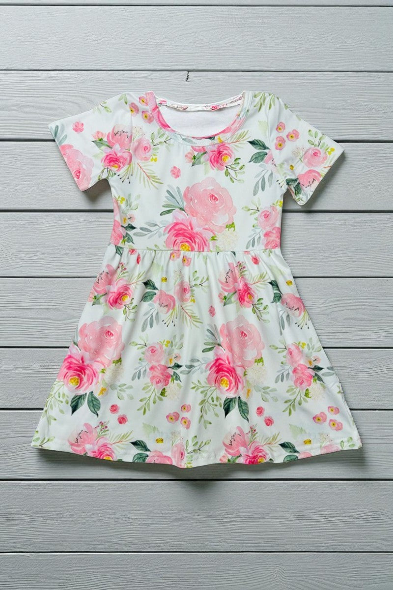 Pink floral short sleeve girls dress 1132WY