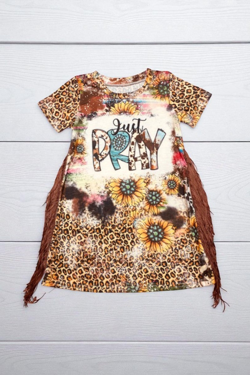 JUST PRAY sunflower & leopard printed short sleeve dress w/fringe tassels D2304