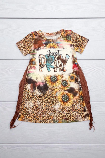 JUST PRAY sunflower & leopard printed short sleeve dress w/fringe tassels D2304