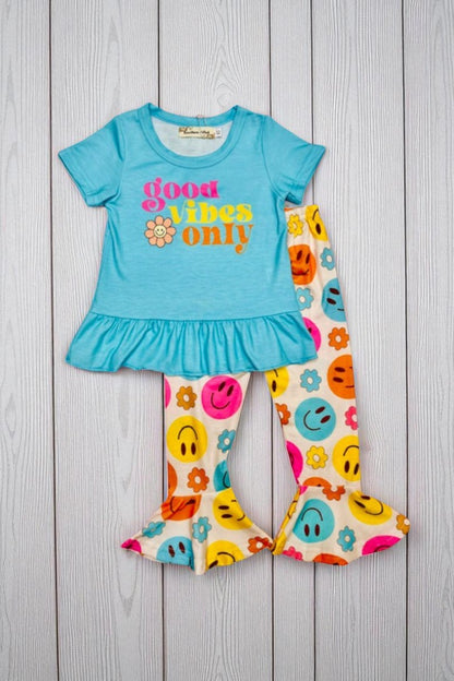 "good vibes only" mint top & printed 2pcs girls sets X0333-12