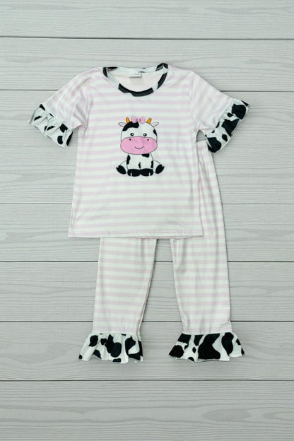 Pink stripe cow print two piece girls clothing sets 11130MZ