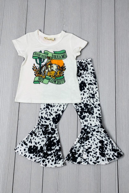 CHASE YOUR DREAMS NOT COWBOY printed 2pcs girls sets X0333-21