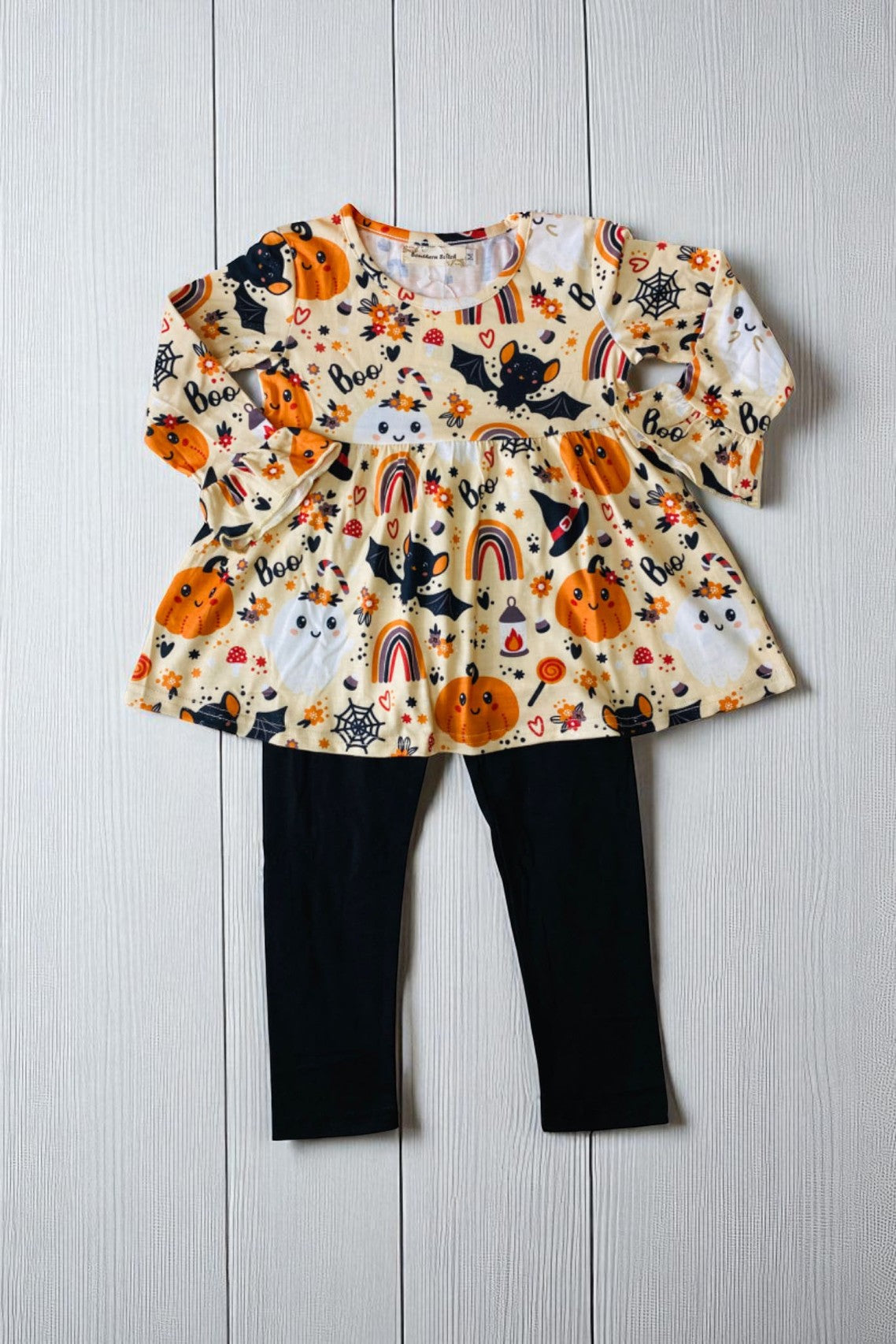"BOO", rainbows, ghost, bats, & pumpkins 2pc ruffle set X0010-3