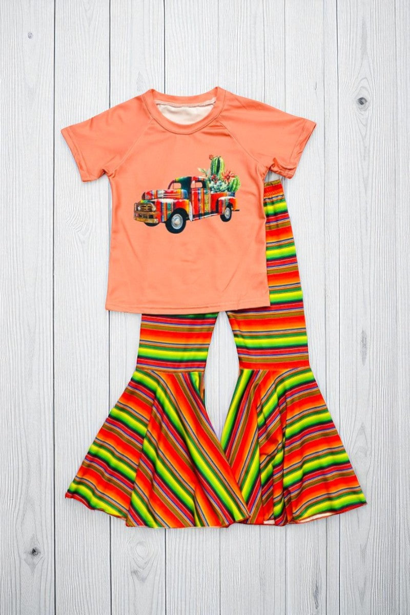 Serape truck printed bell-bottom pant 2pc girls set D0923-11