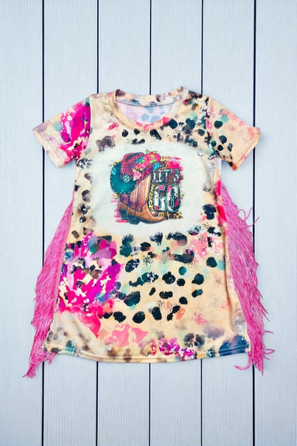 "LET'S GO" cowboy boots leopard & pink fringe girls dress D2302