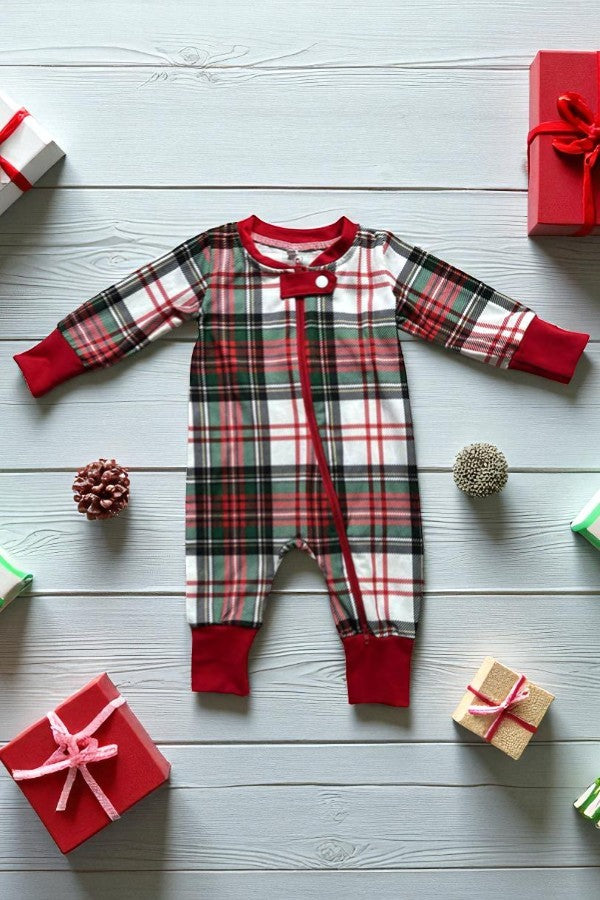 Red white green plaid long sleeve infant baby romper D2839