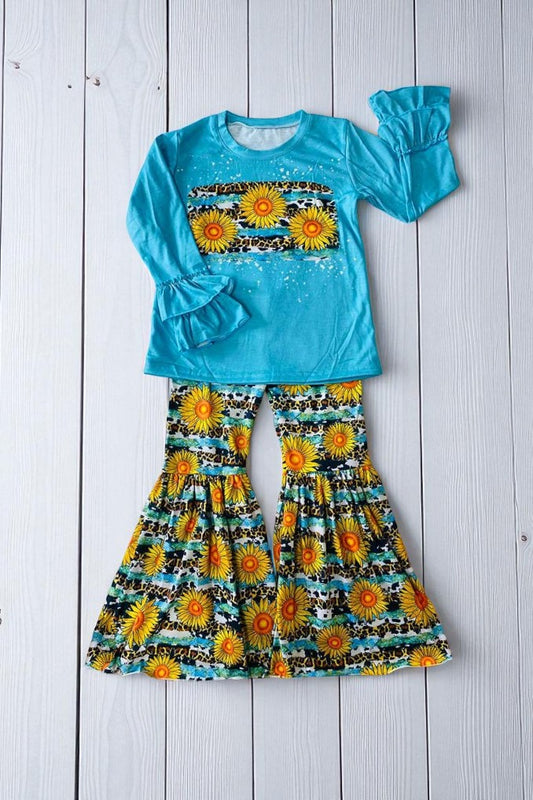 Sunflower & Leopard prints ruffle long sleeve top bell bottom girls sets D1017-2