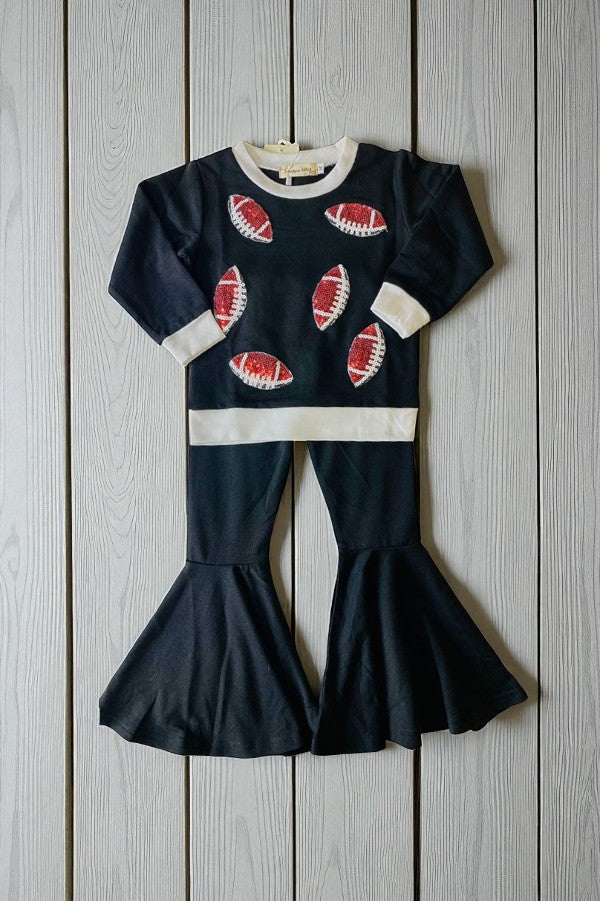 Brown sequin football embroidery top black bell bottom girls sets X0024-6