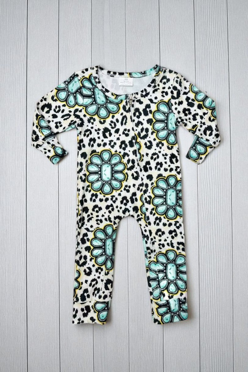 12013MZ leopard & jewel printed long sleeve baby romepr w/zippers