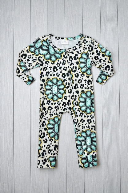 12013MZ leopard & jewel printed long sleeve baby romepr w/zippers