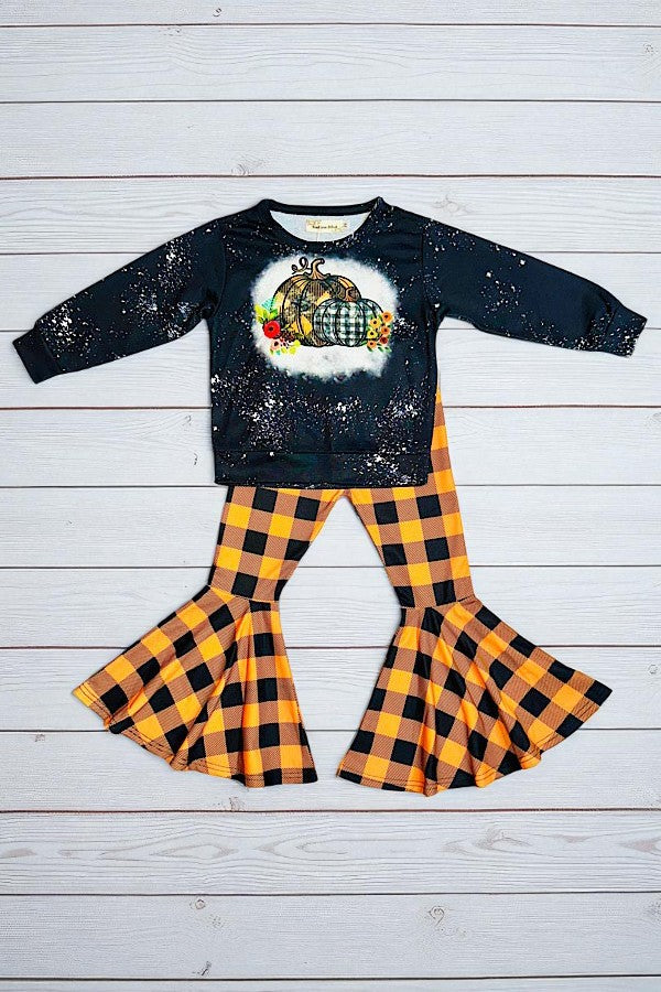 Black & orange checker & pumpkins 2pc sweatshirt set X0015-5
