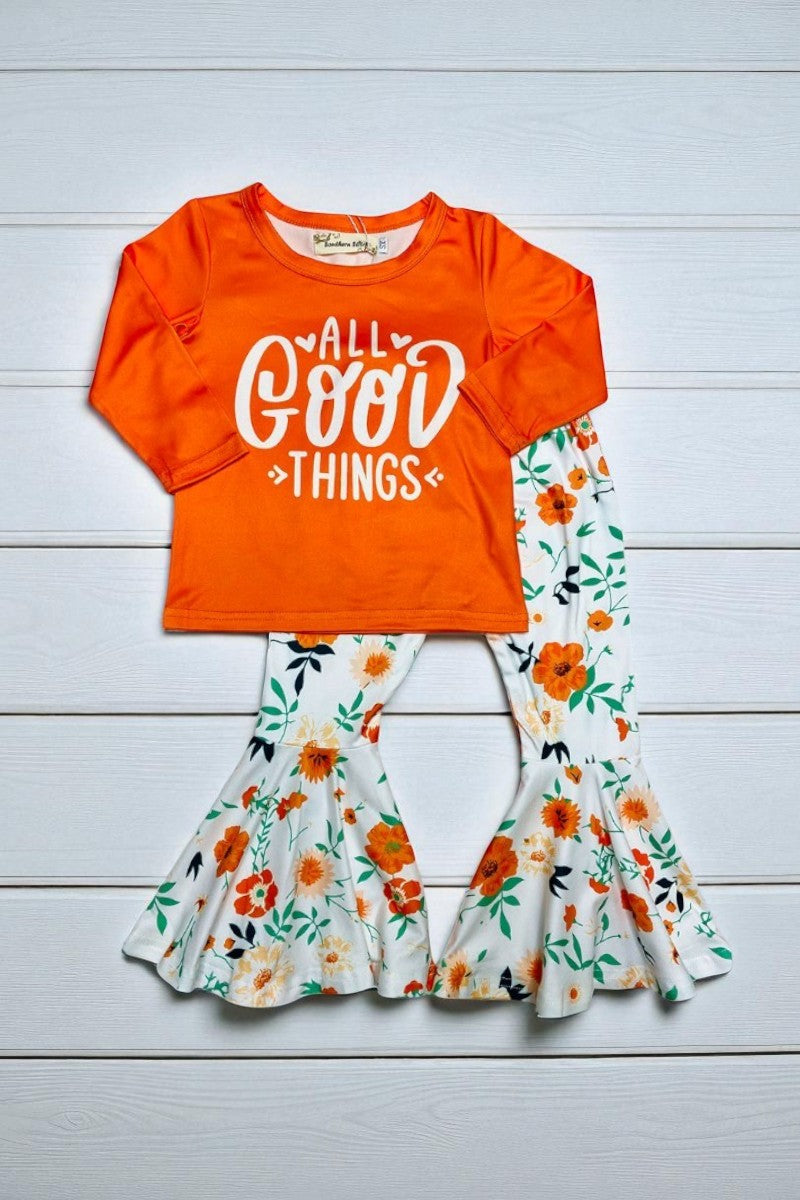 X0015-12 "ALL GOOD THINGS" top & floral pant 2pcs girls sets