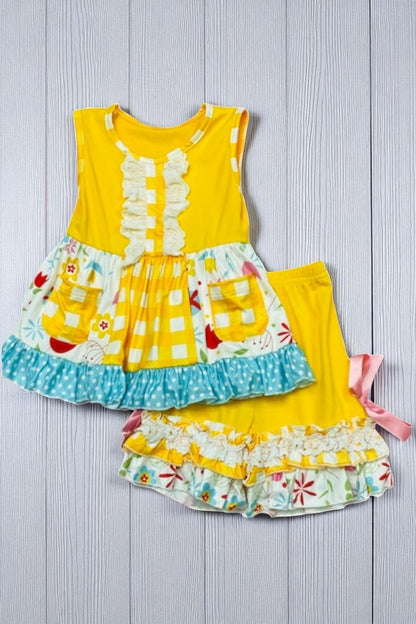 Yellow floral print ruffle sleeveless 2pc set D1121-8