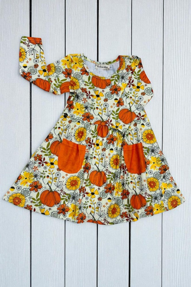 Halloween Floral & pumpkin print pockets long sleeve dress XCH0014-1