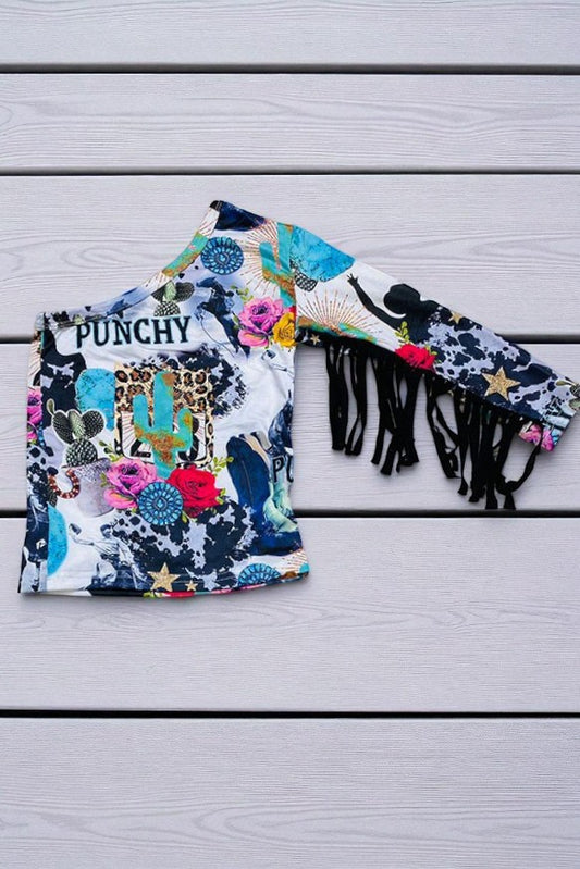 Half shoulder PUNCH & printed girls top w/tassel D2479