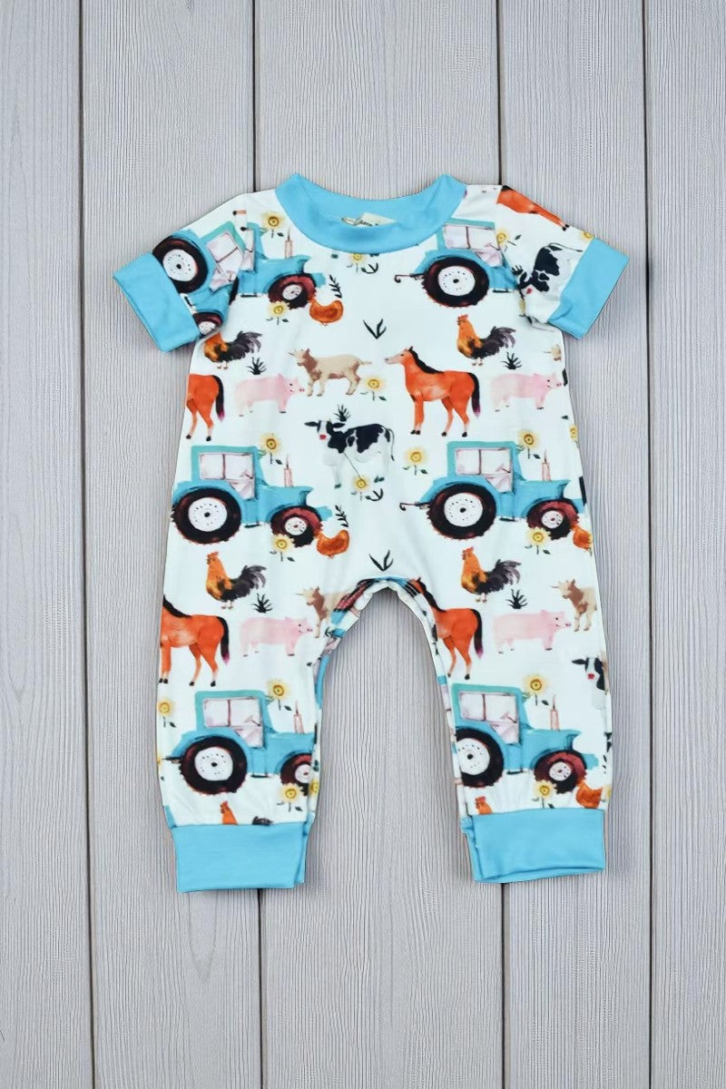 Western unisex animals & tractor printed short sleeve baby jumpsuit X05022