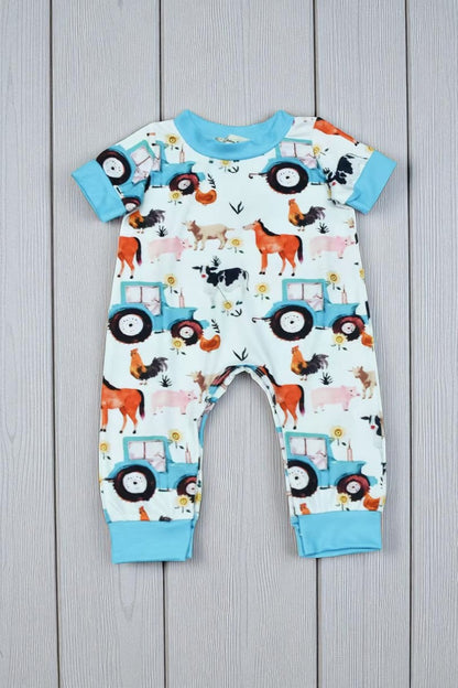 Western unisex animals & tractor printed short sleeve baby jumpsuit X05022