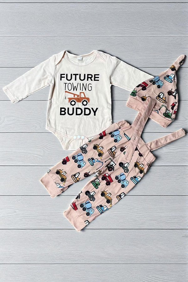 FUTURE TOWING BUDDY white romper & pant & hat 3pcs baby boy sets 250920M