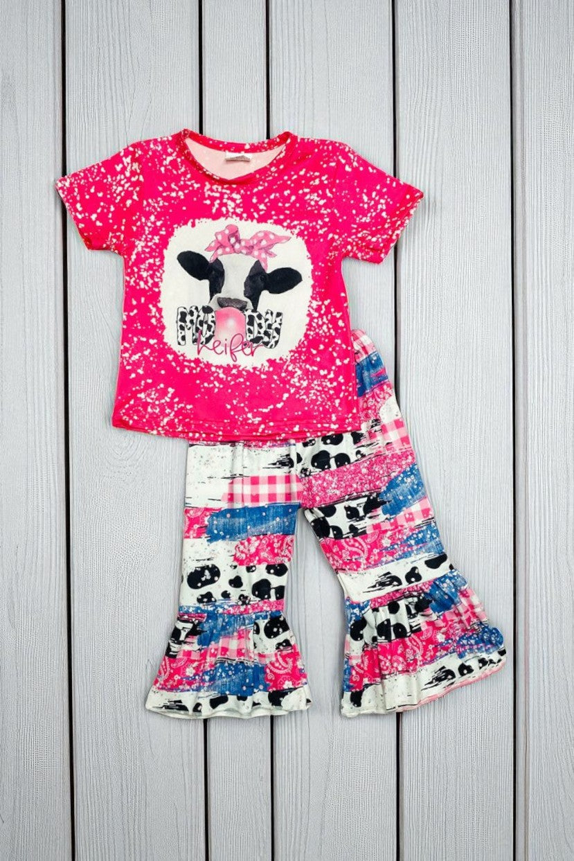 Pink cow print top bell bottom 2pc girls sets 12155MZ
