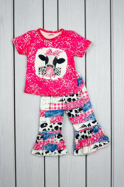 Pink cow print top bell bottom 2pc girls sets 12155MZ