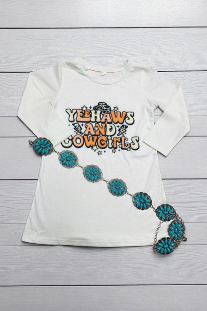 YEEHAWS AND COWGIRLS white long sleeve western girls dress D2577