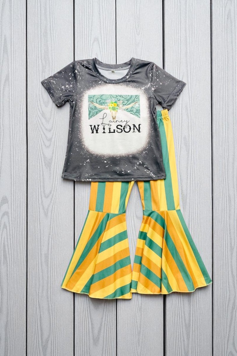 Bull printed grey top & striped bell bottom western girls set D2737