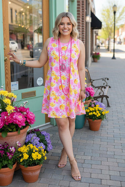 YMY13142 Floral yellow&pink color floral printed sleeveless women dress