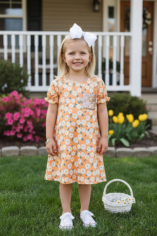 XCH0555-18H Floral printed short sleeve girls dress with sequin pocket