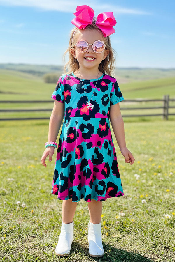XCH0020-2H Turquoise & Pink leopard prints short sleeve girls dress