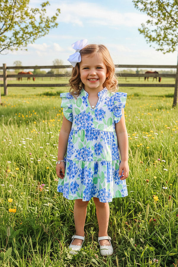 Kids clothing suppliers Green & blue floral printed flutter sleeves girls dress XCH03004